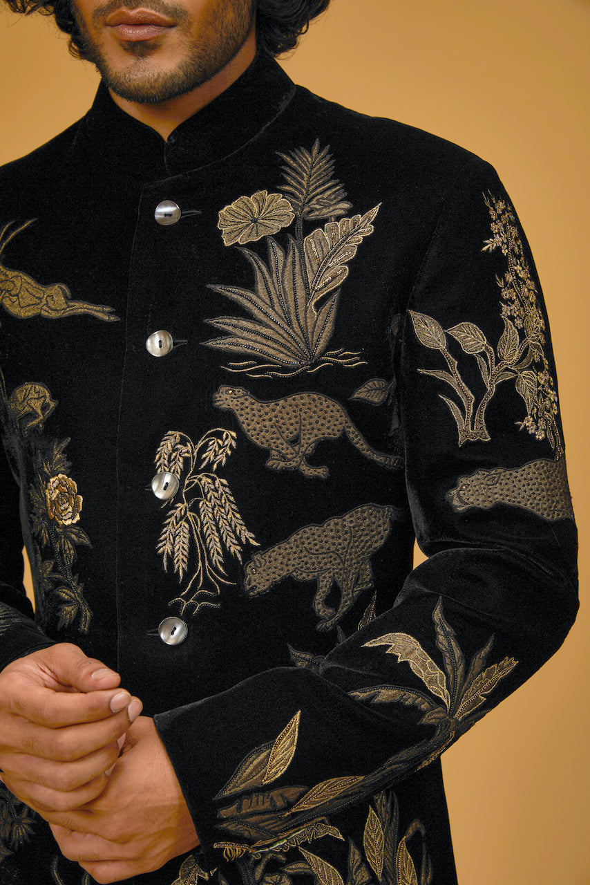 Black Silk Velvet Hand & Machine Embroidered Bandhgala