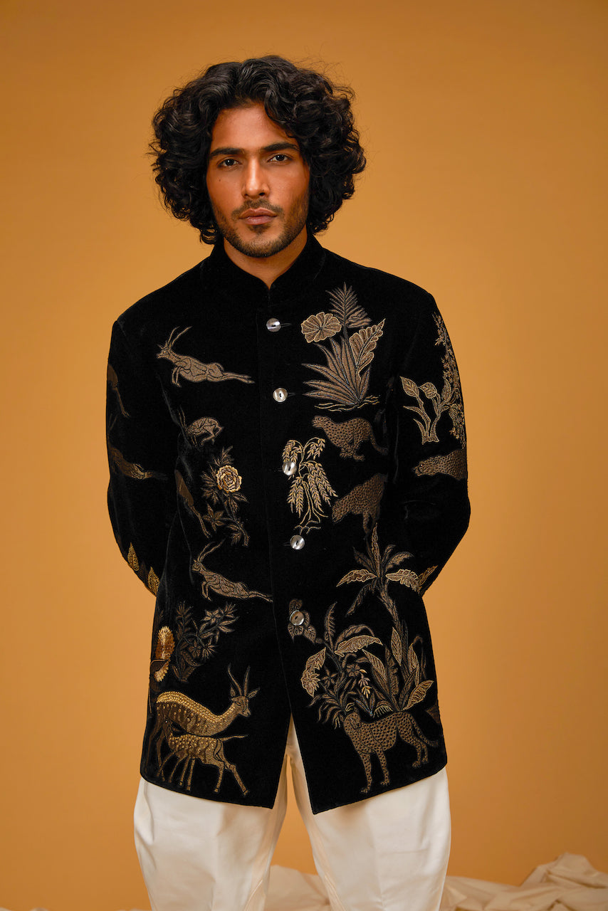 Black Silk Velvet Hand & Machine Embroidered Bandhgala