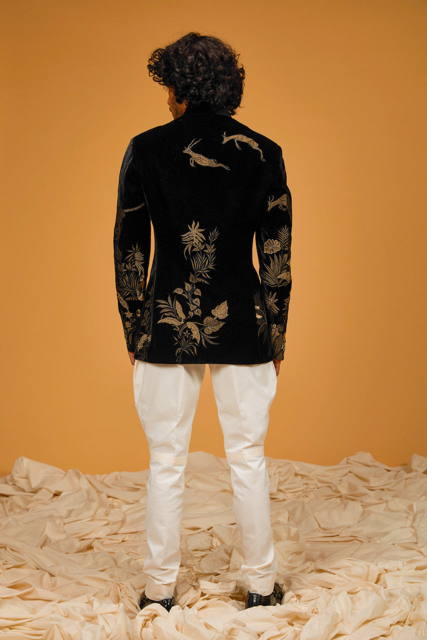 Black Silk Velvet Hand & Machine Embroidered Bandhgala