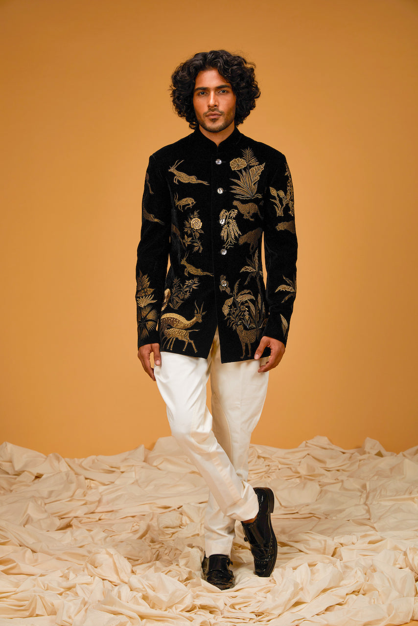 Black Silk Velvet Hand & Machine Embroidered Bandhgala