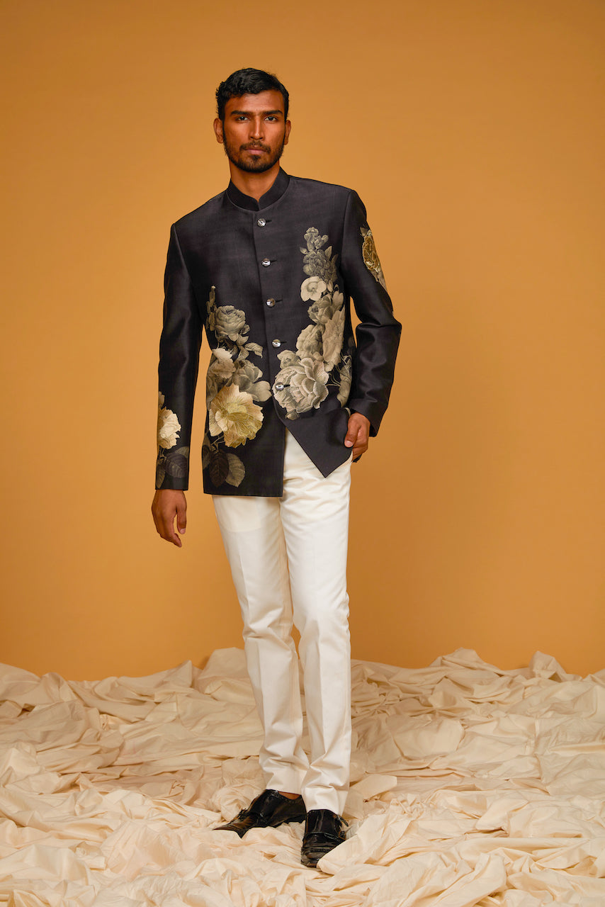 Black Matka Silk Floral Digital Printed Bandhgala