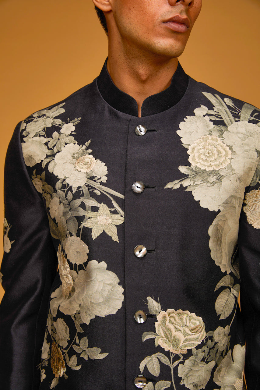 Black Matka Silk Floral Digital Printed Bandhgala