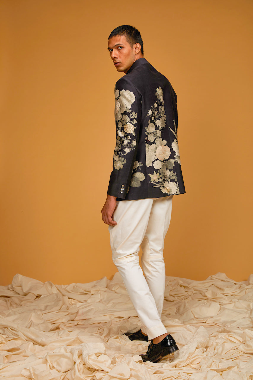 Black Matka Silk Floral Digital Printed Bandhgala