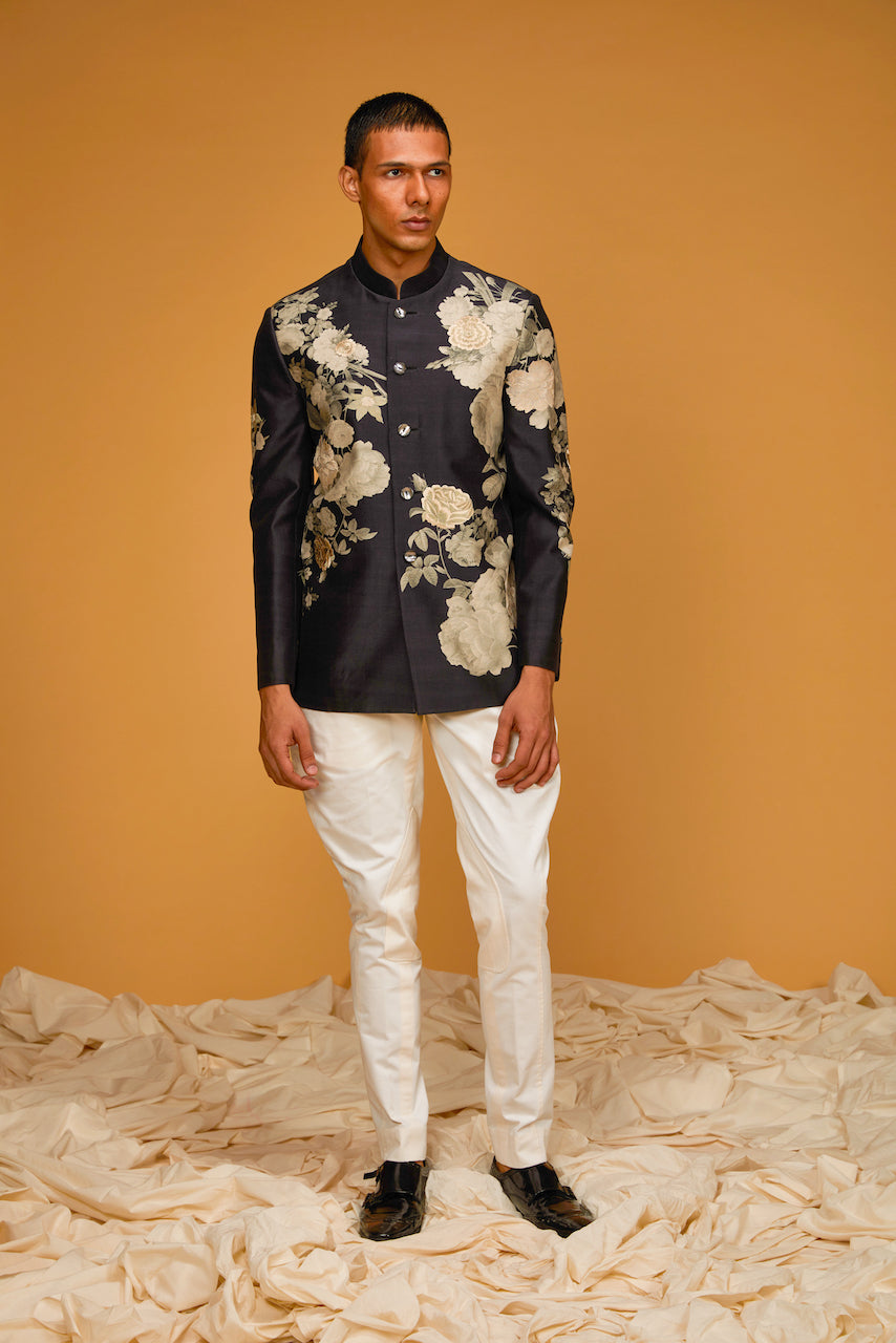 Black Matka Silk Floral Digital Printed Bandhgala