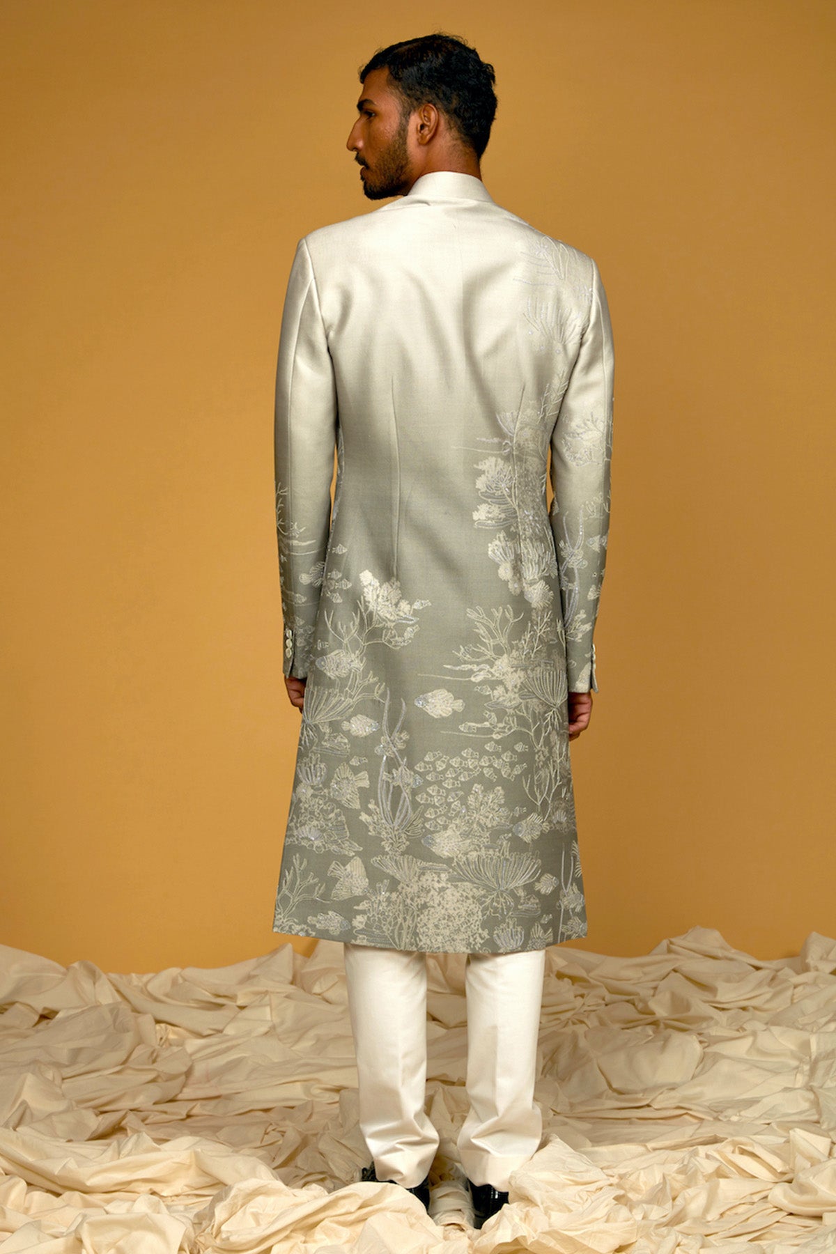Ocean Grey Digital Printed Chanderi Silk Sherwani