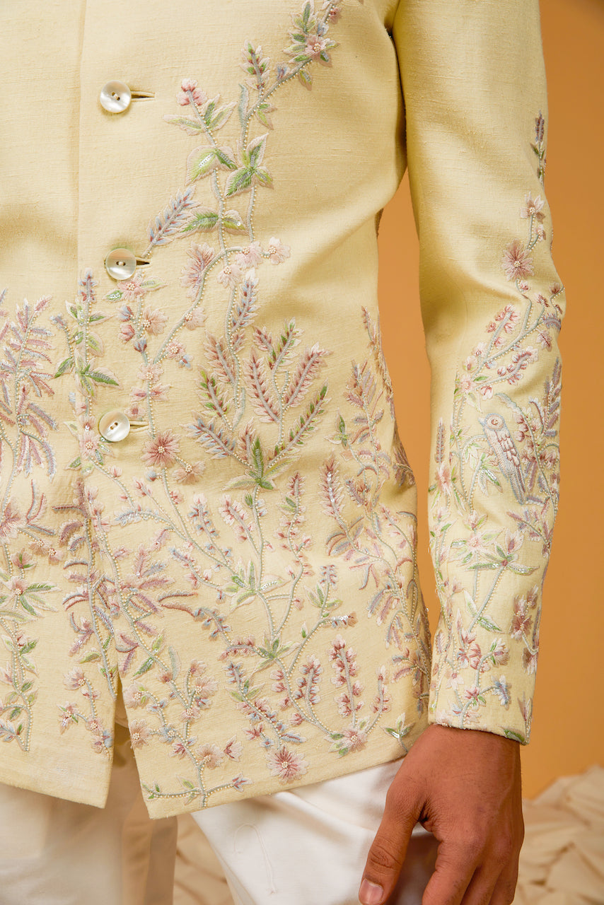Lime Yellow Embroidered Matka Silk Bandhgala