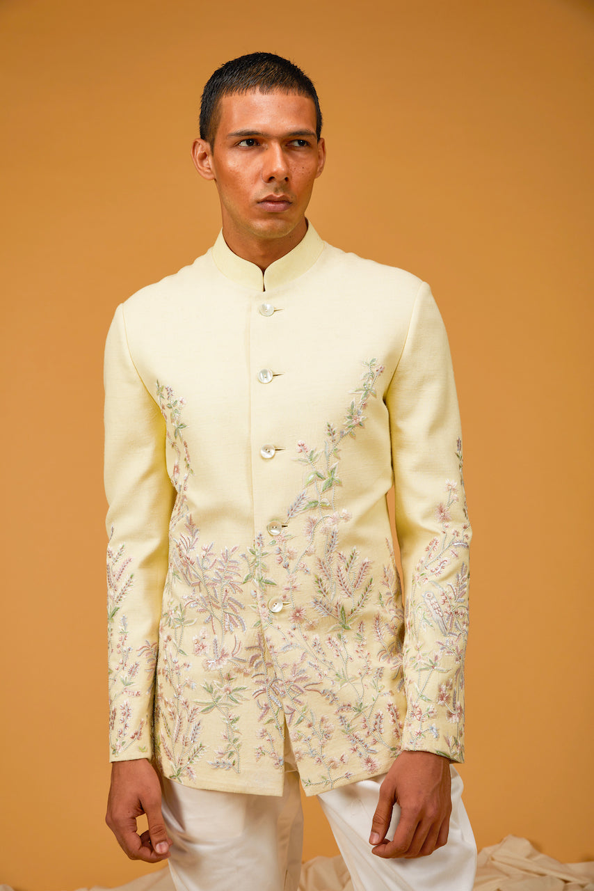 Lime Yellow Embroidered Matka Silk Bandhgala