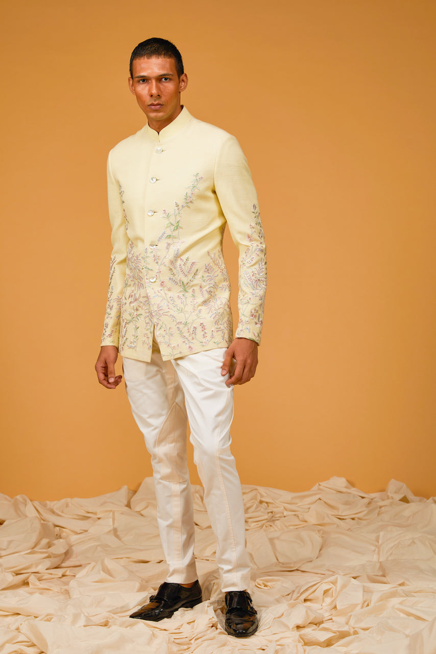 Lime Yellow Embroidered Matka Silk Bandhgala