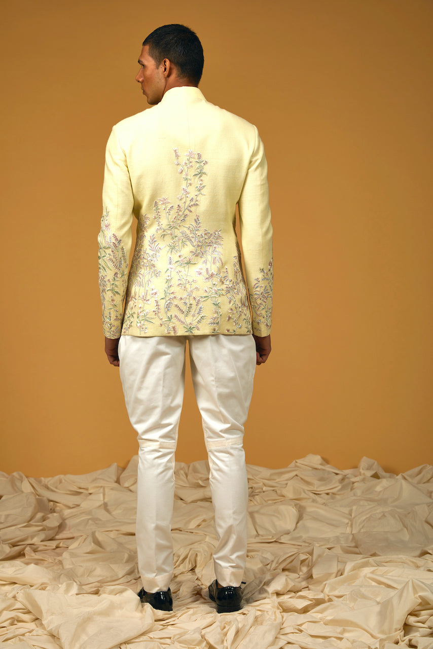 Lime Yellow Embroidered Matka Silk Bandhgala