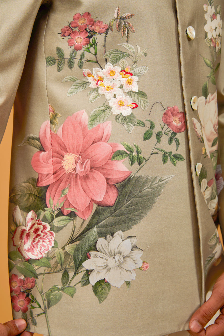 Dark Cream Matka Silk Floral Digital Printed Bandhgala