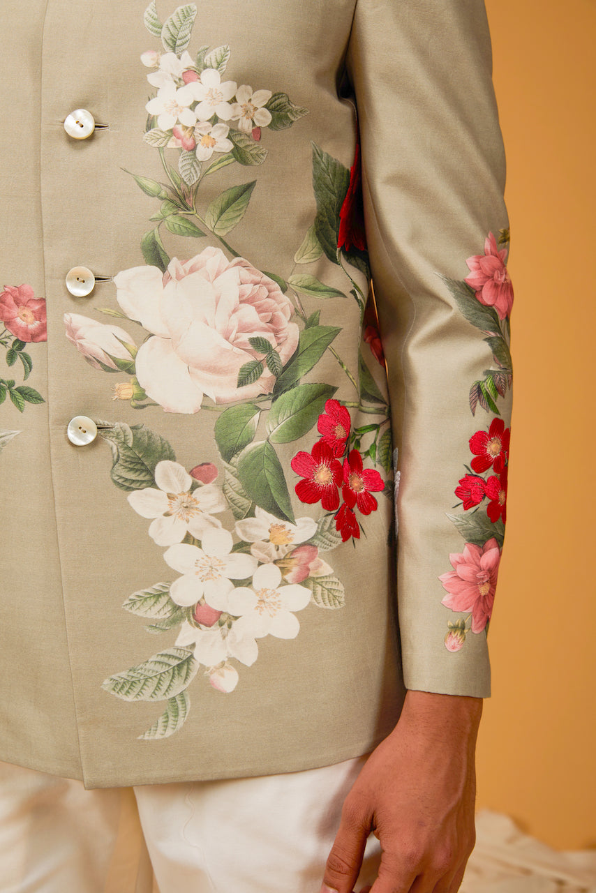 Dark Cream Matka Silk Floral Digital Printed Bandhgala