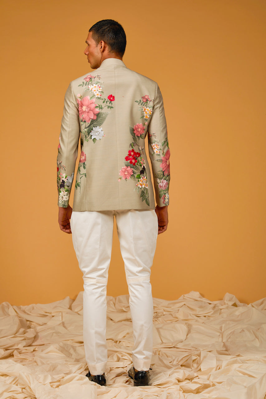 Dark Cream Matka Silk Floral Digital Printed Bandhgala
