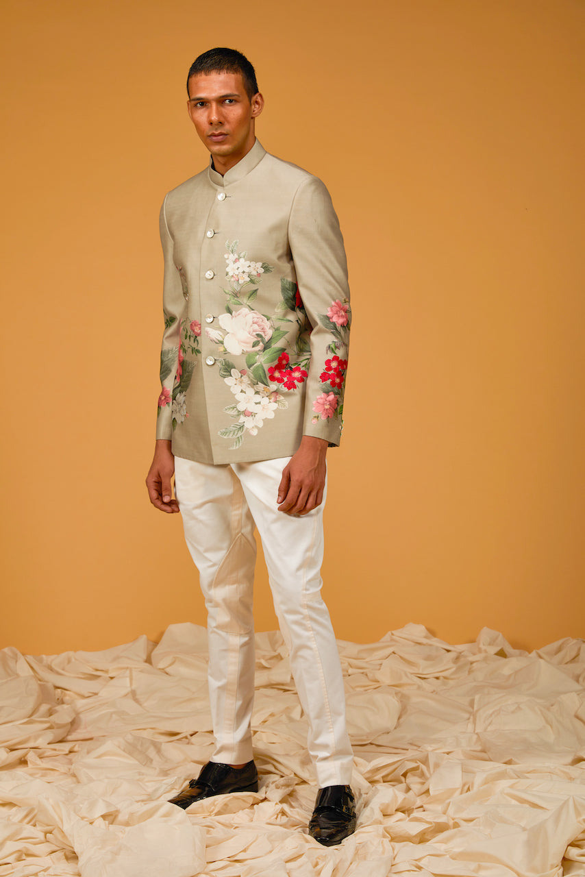 Dark Cream Matka Silk Floral Digital Printed Bandhgala