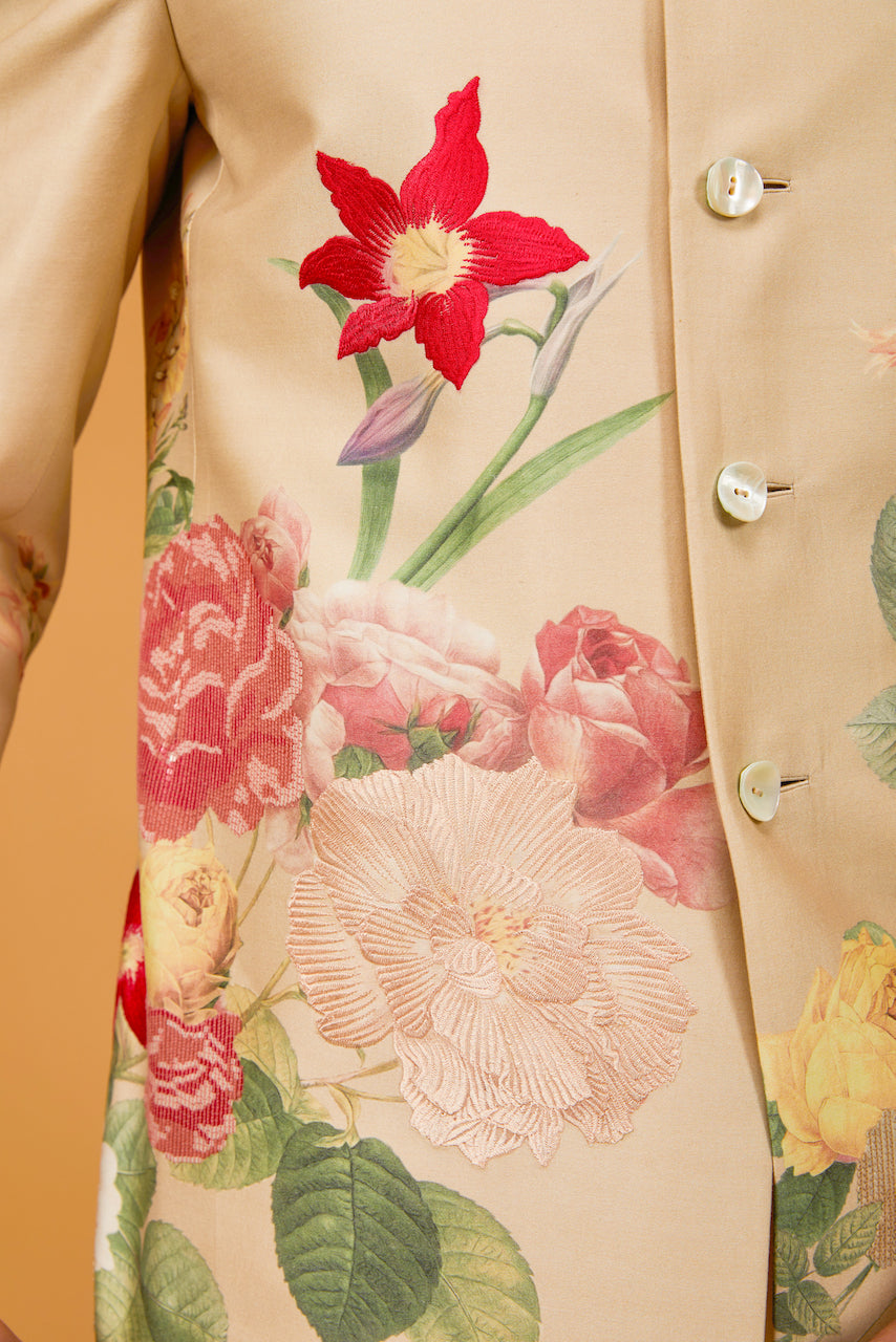 Beige Matka Silk Floral Digital Printed Bandhgala