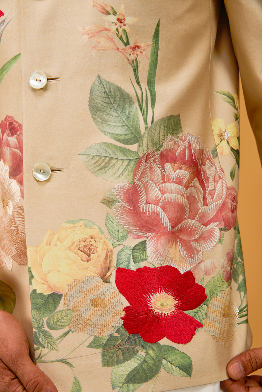 Beige Matka Silk Floral Digital Printed Bandhgala