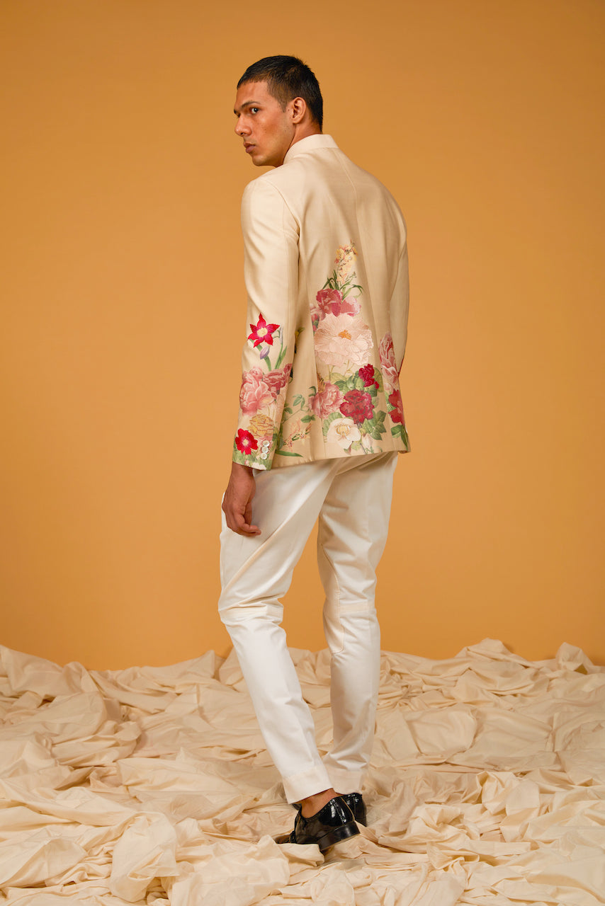Beige Matka Silk Floral Digital Printed Bandhgala