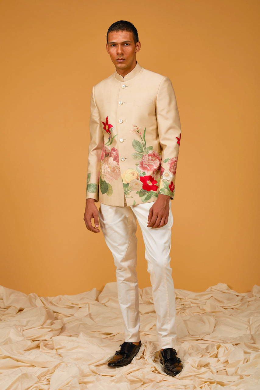 Beige Matka Silk Floral Digital Printed Bandhgala