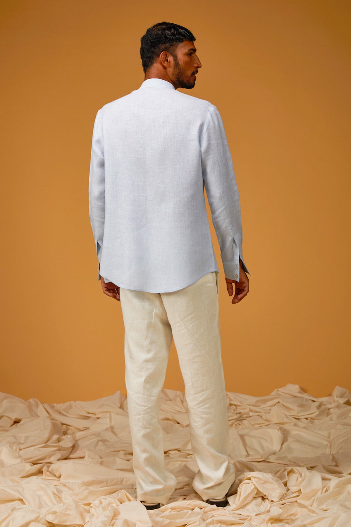 Men's Powder Blue Linen Shirt With Embroidery