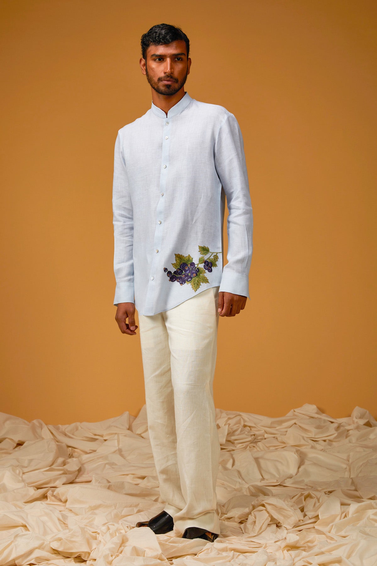 Men's Powder Blue Linen Shirt With Embroidery