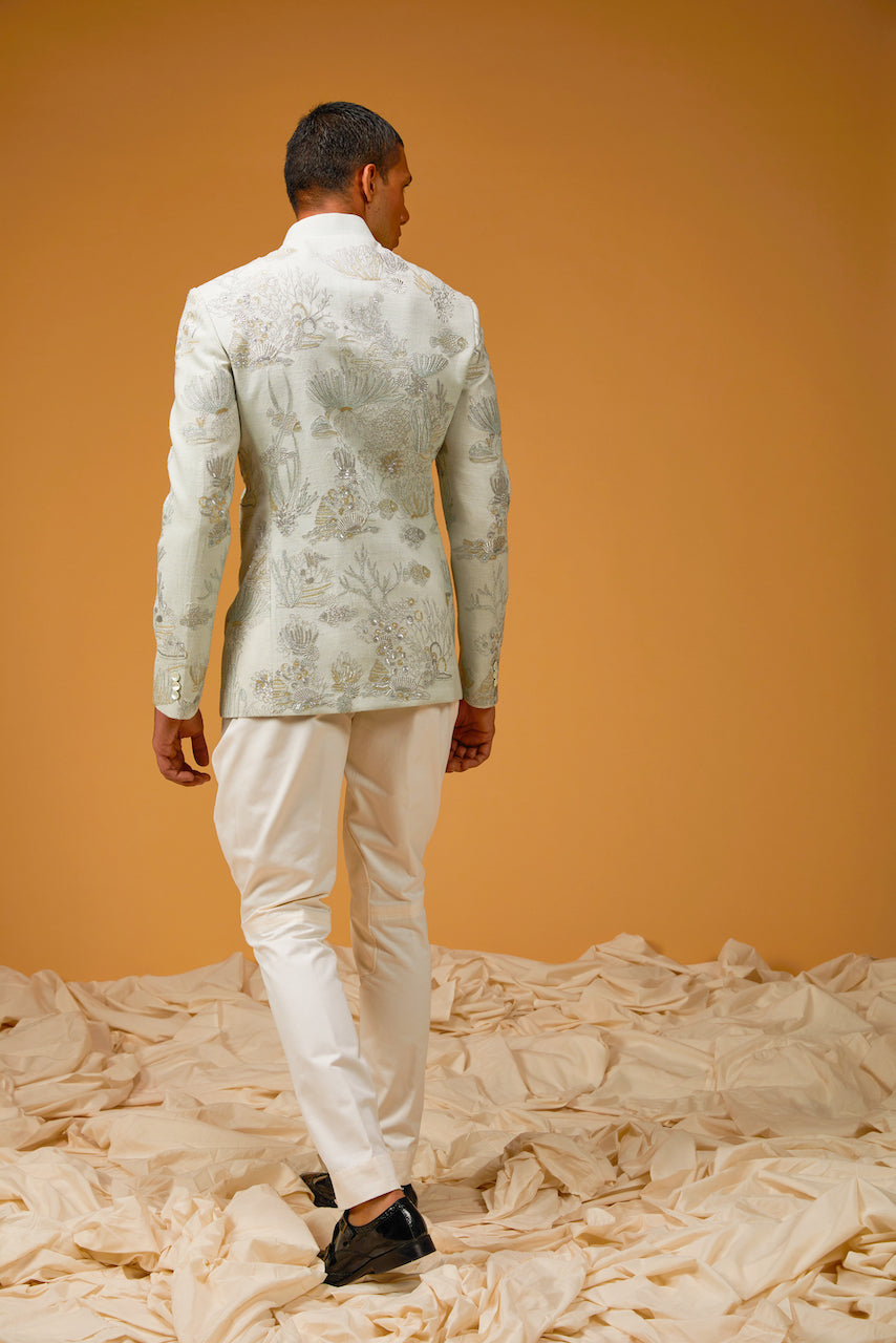 Powder Blue Matka Silk Resham Hand Embroidered Bandhgala