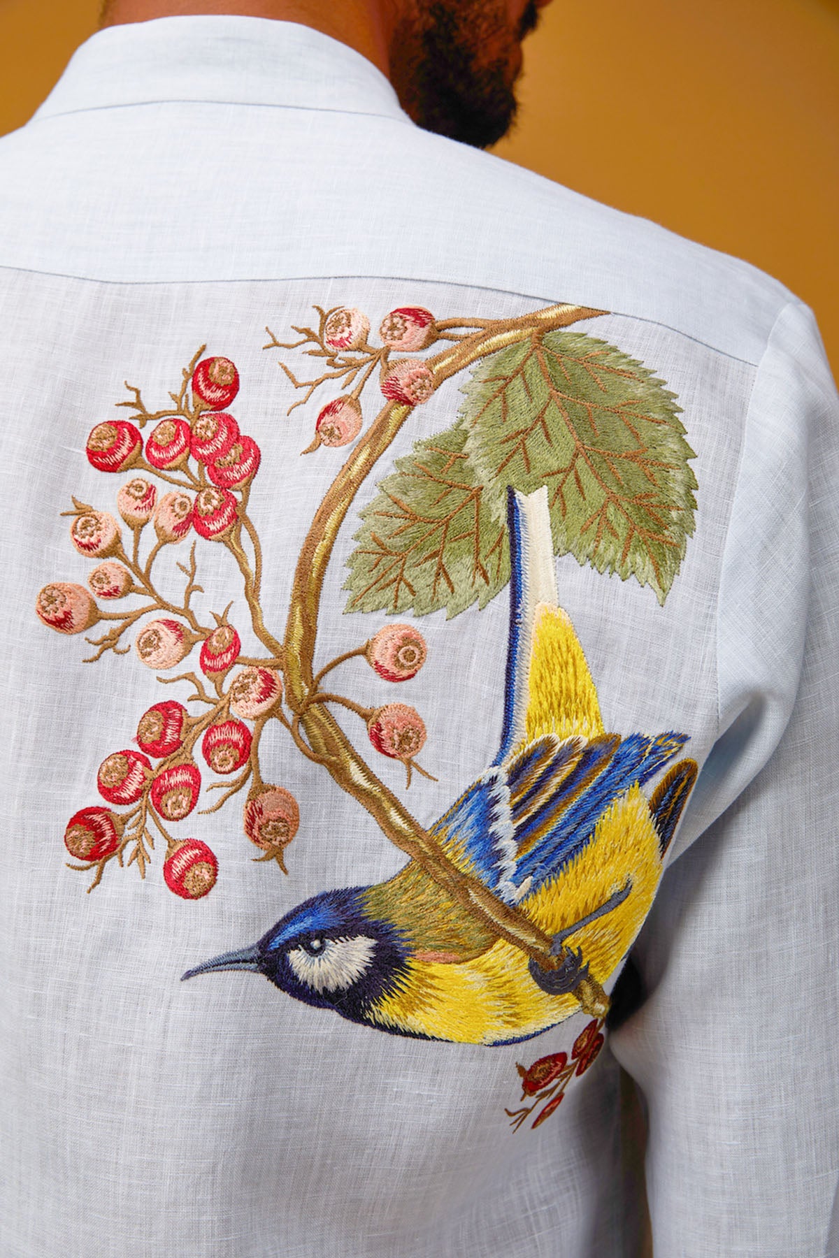 Men's Powder Blue Linen Shirt With Embroidery