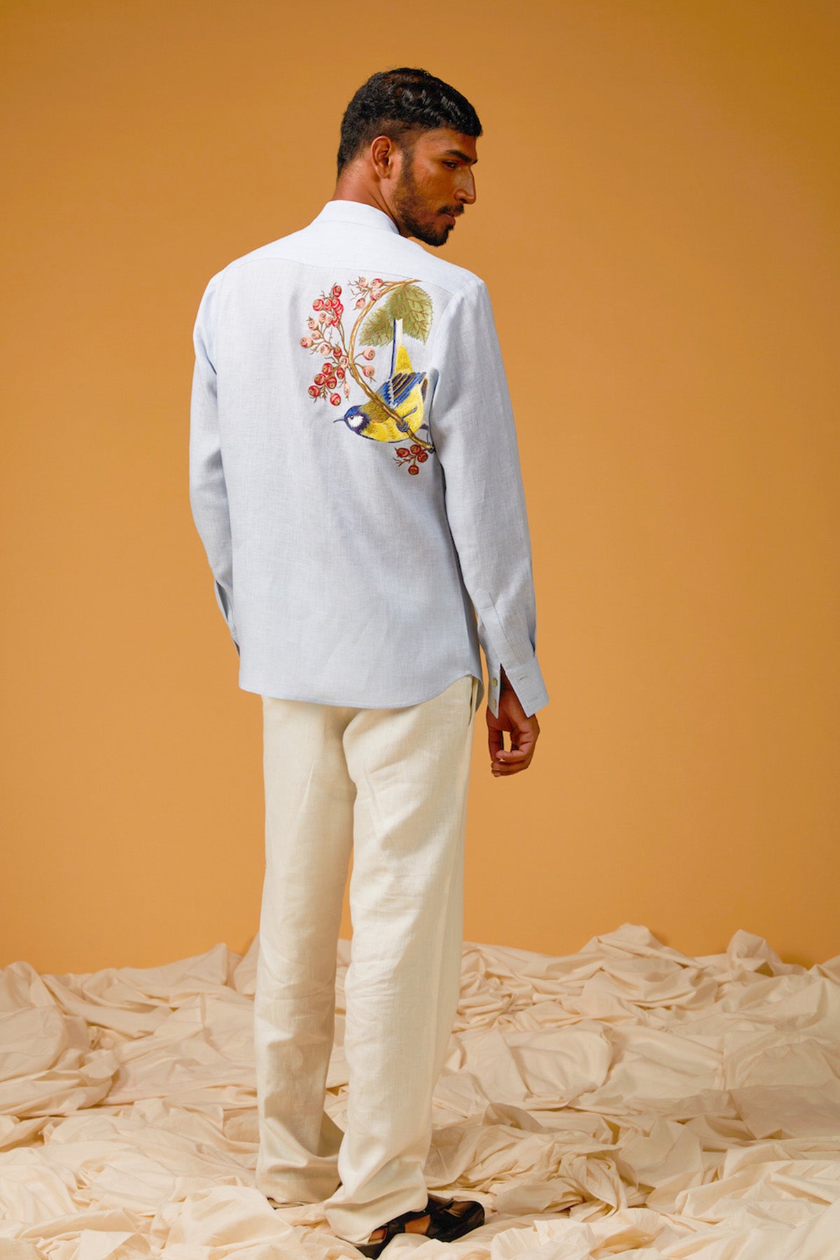 Men's Powder Blue Linen Shirt With Embroidery