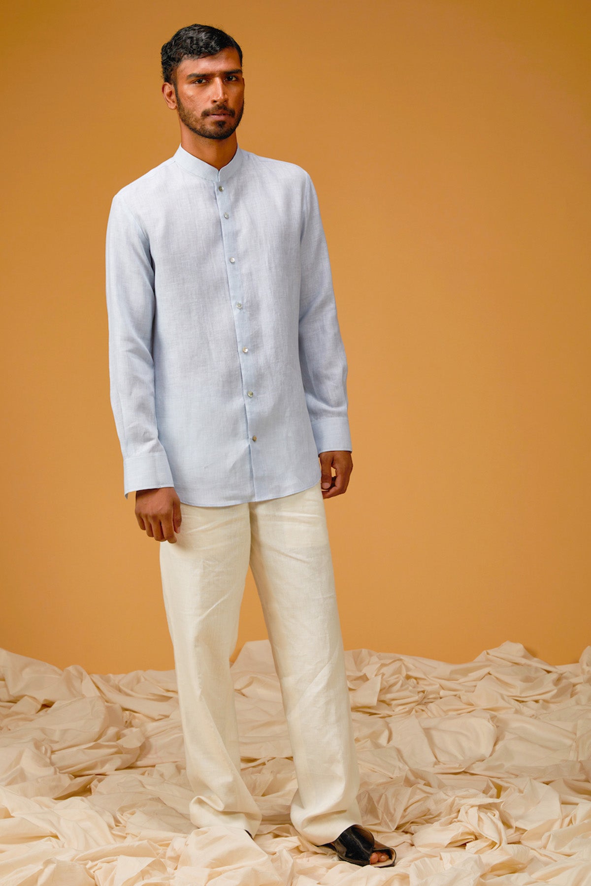 Men's Powder Blue Linen Shirt With Embroidery