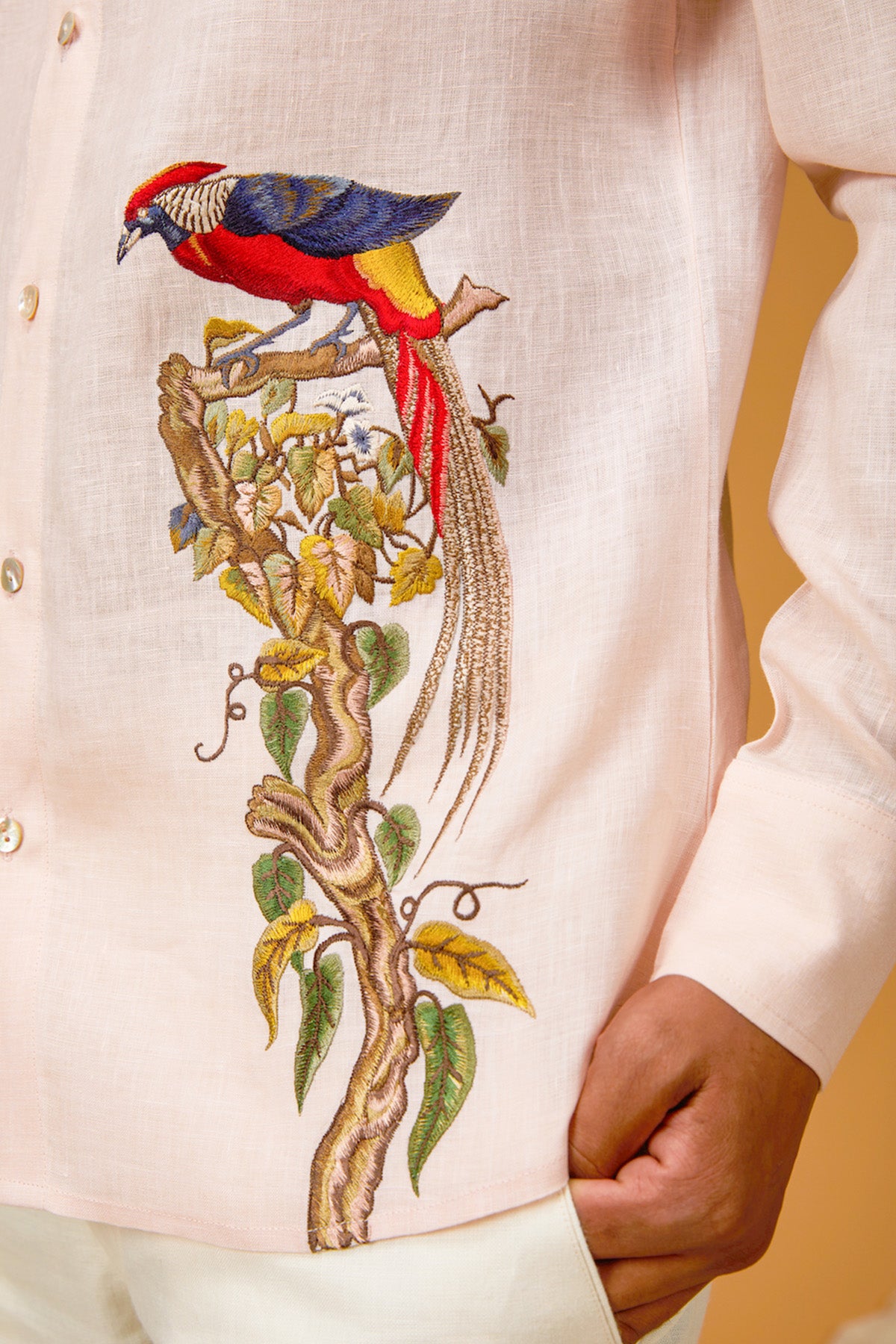 Men's Powder Pink Linen Shirt With Bird Embroidery