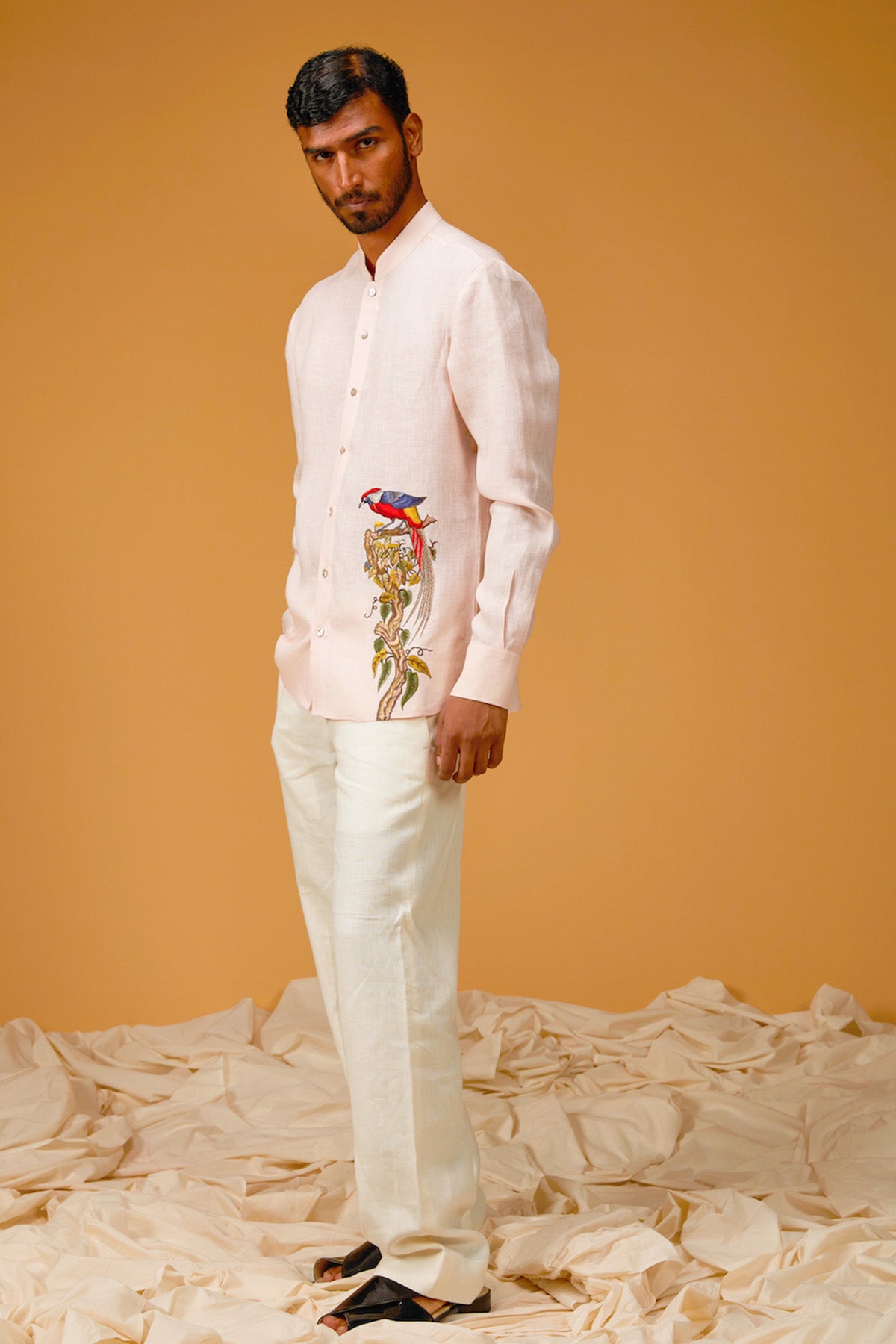 Men's Powder Pink Linen Shirt With Bird Embroidery