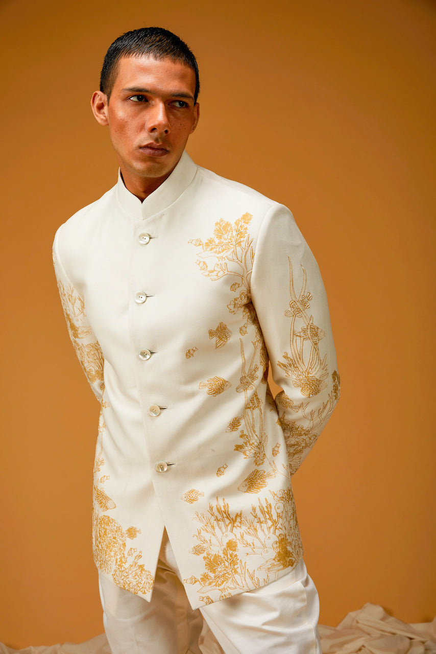 Ivory Chanderi Silk Printed & Embroidered Bandhgala