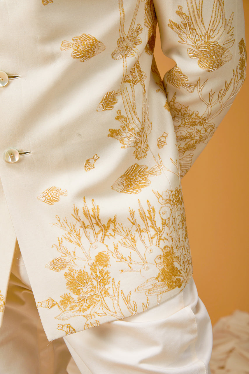 Ivory Chanderi Silk Printed & Embroidered Bandhgala
