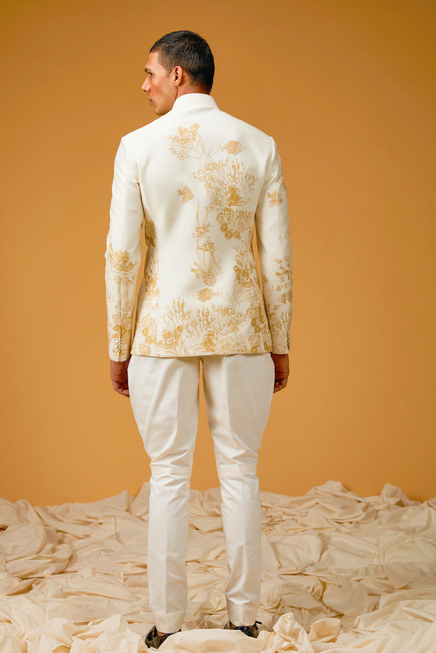 Ivory Chanderi Silk Printed & Embroidered Bandhgala