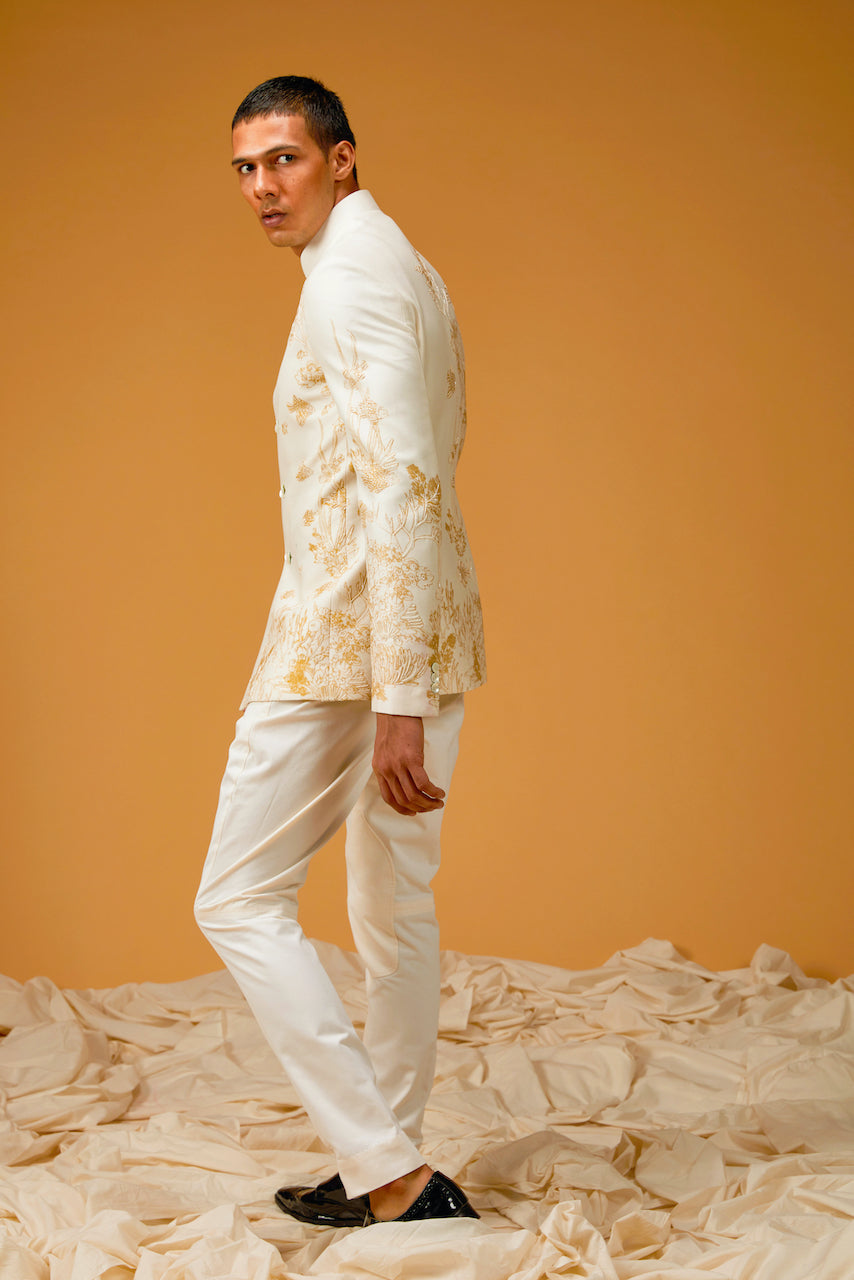 Ivory Chanderi Silk Printed & Embroidered Bandhgala
