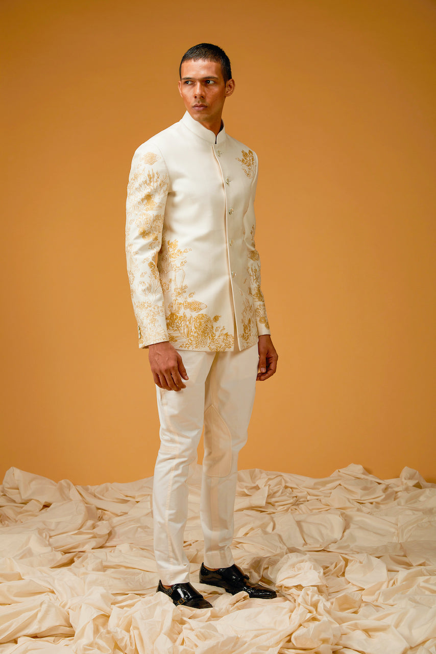 Ivory Chanderi Silk Printed & Embroidered Bandhgala
