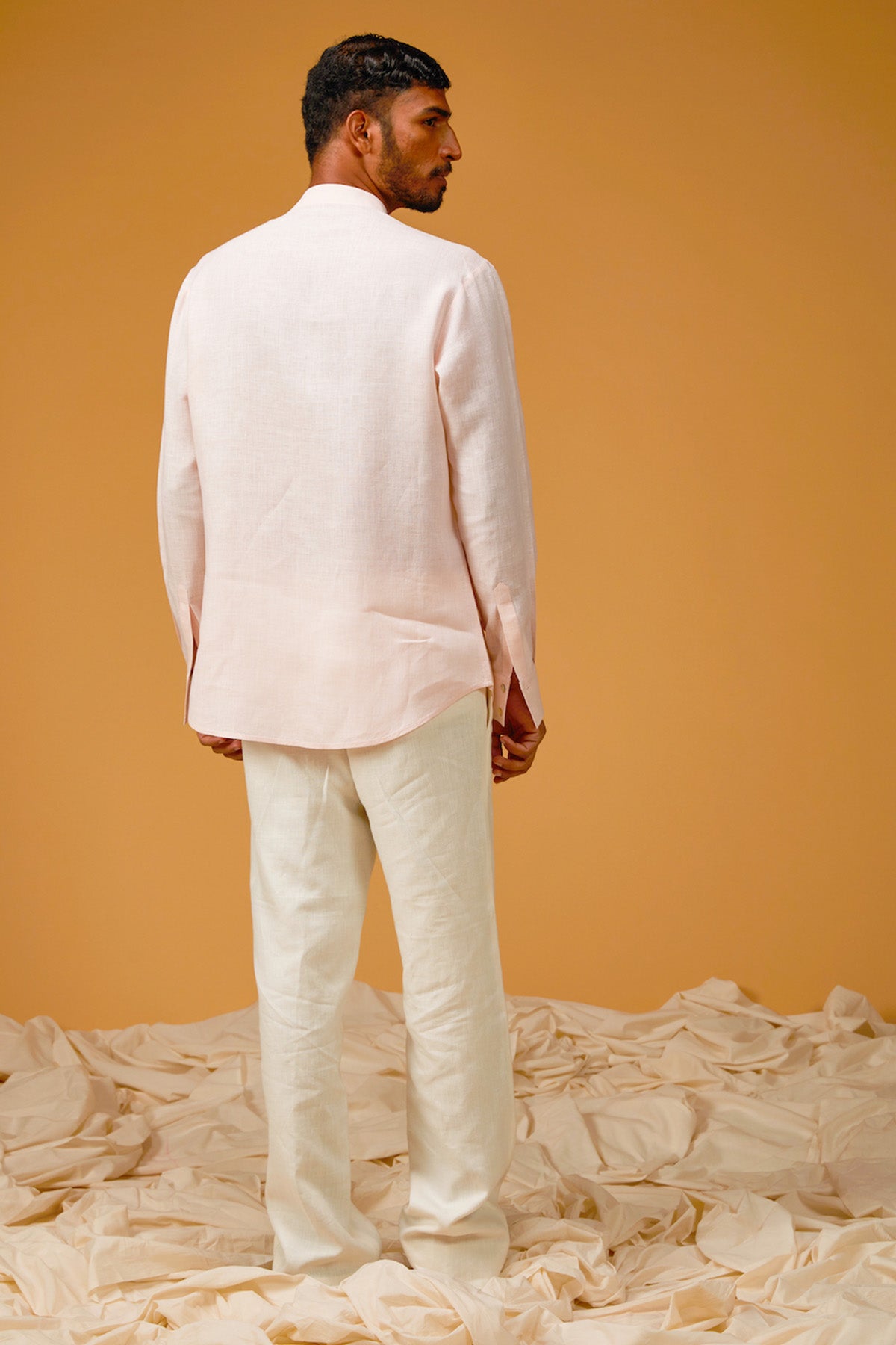 Men's Powder Pink Linen Shirt With Apple Embroidery