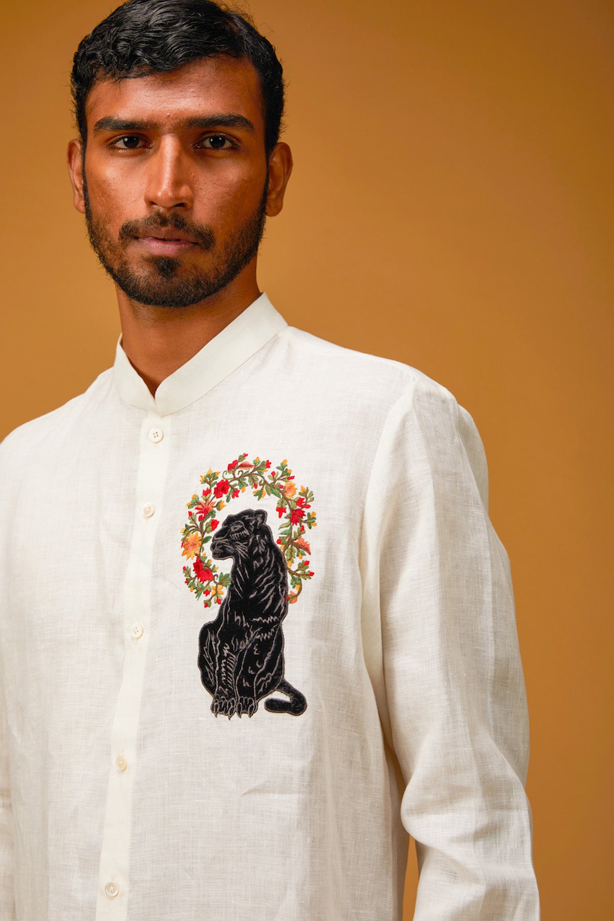 Men's Ivory Linen Shirt With Leopard Embroidery
