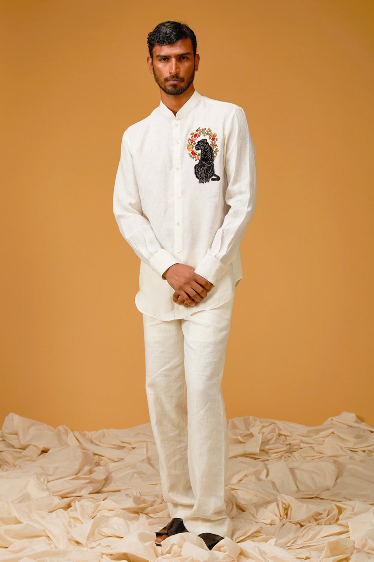 Men's Ivory Linen Shirt With Leopard Embroidery
