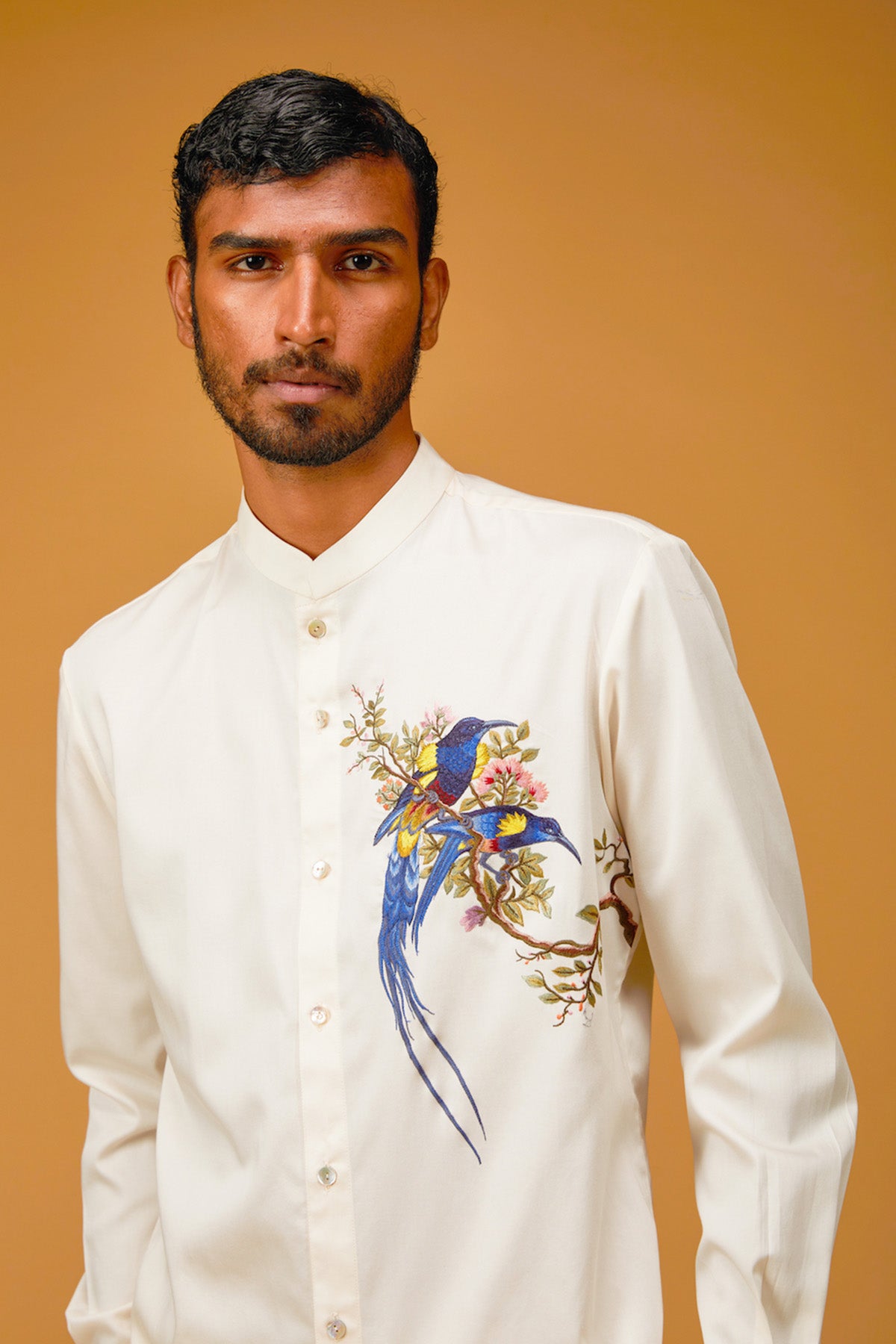 Men's Poplin Satin Shirt With Bird Embroidery