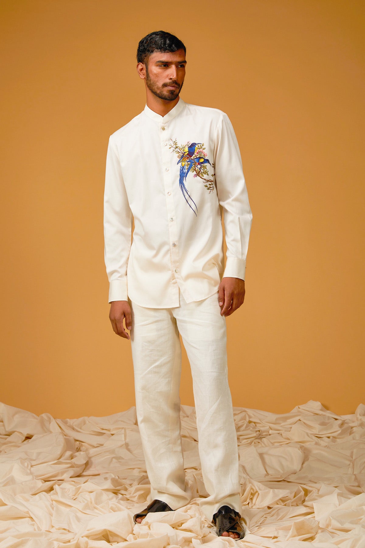 Men's Poplin Satin Shirt With Bird Embroidery