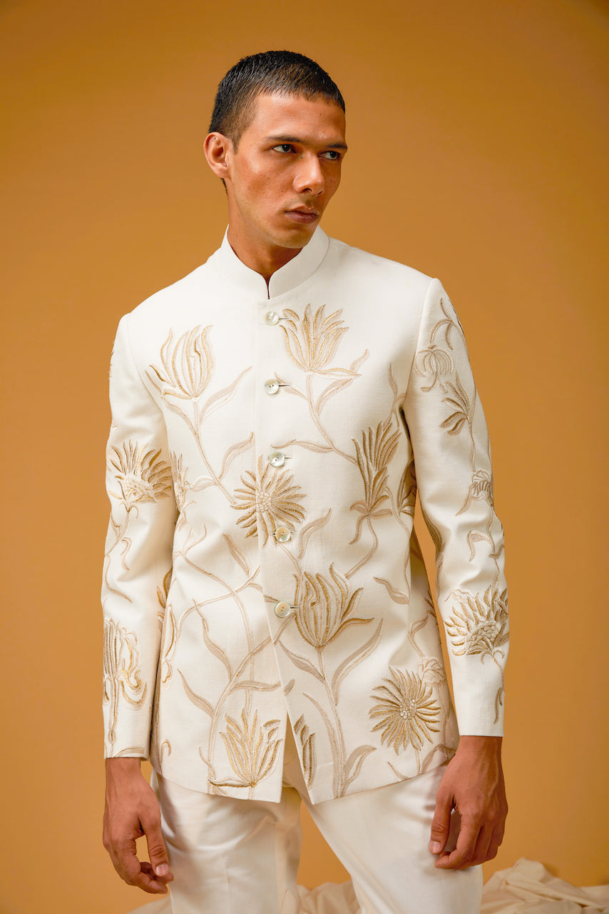 Ivory Matka Silk Floral Embroidered Bandhgala