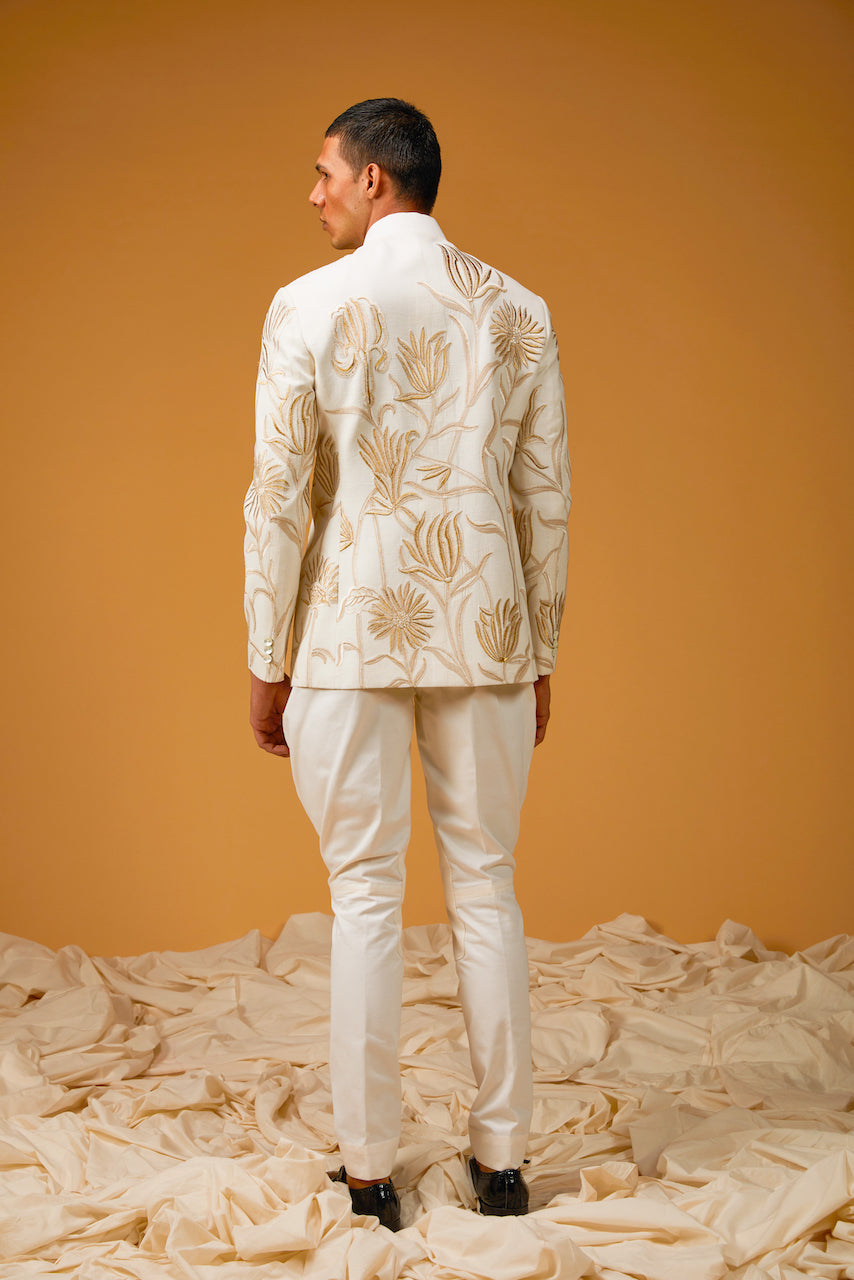 Ivory Matka Silk Floral Embroidered Bandhgala