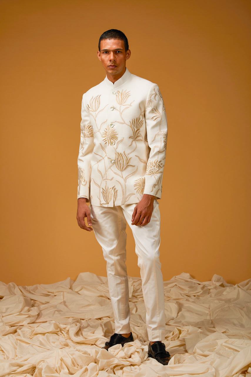 Ivory Matka Silk Floral Embroidered Bandhgala