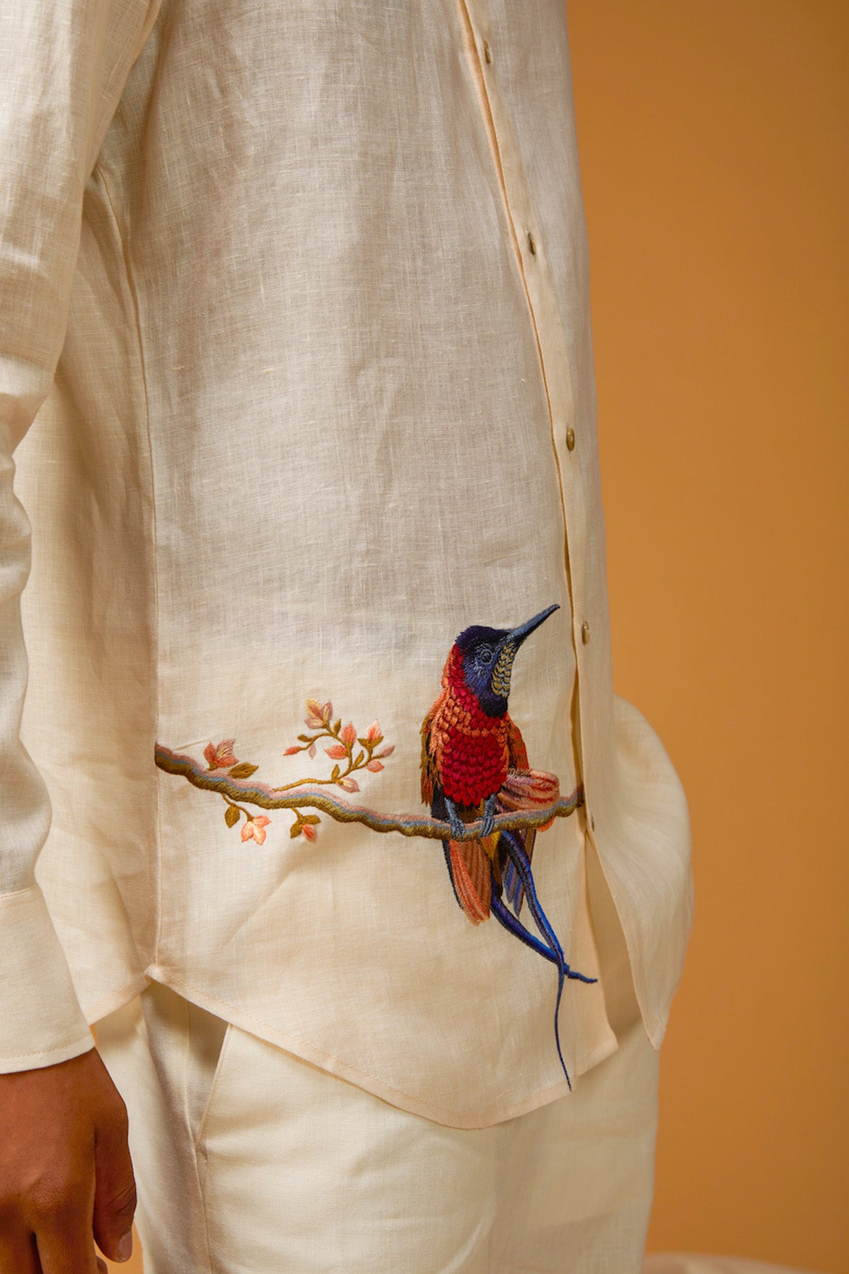 Men's Ivory Linen Shirt With Bird Embroidery