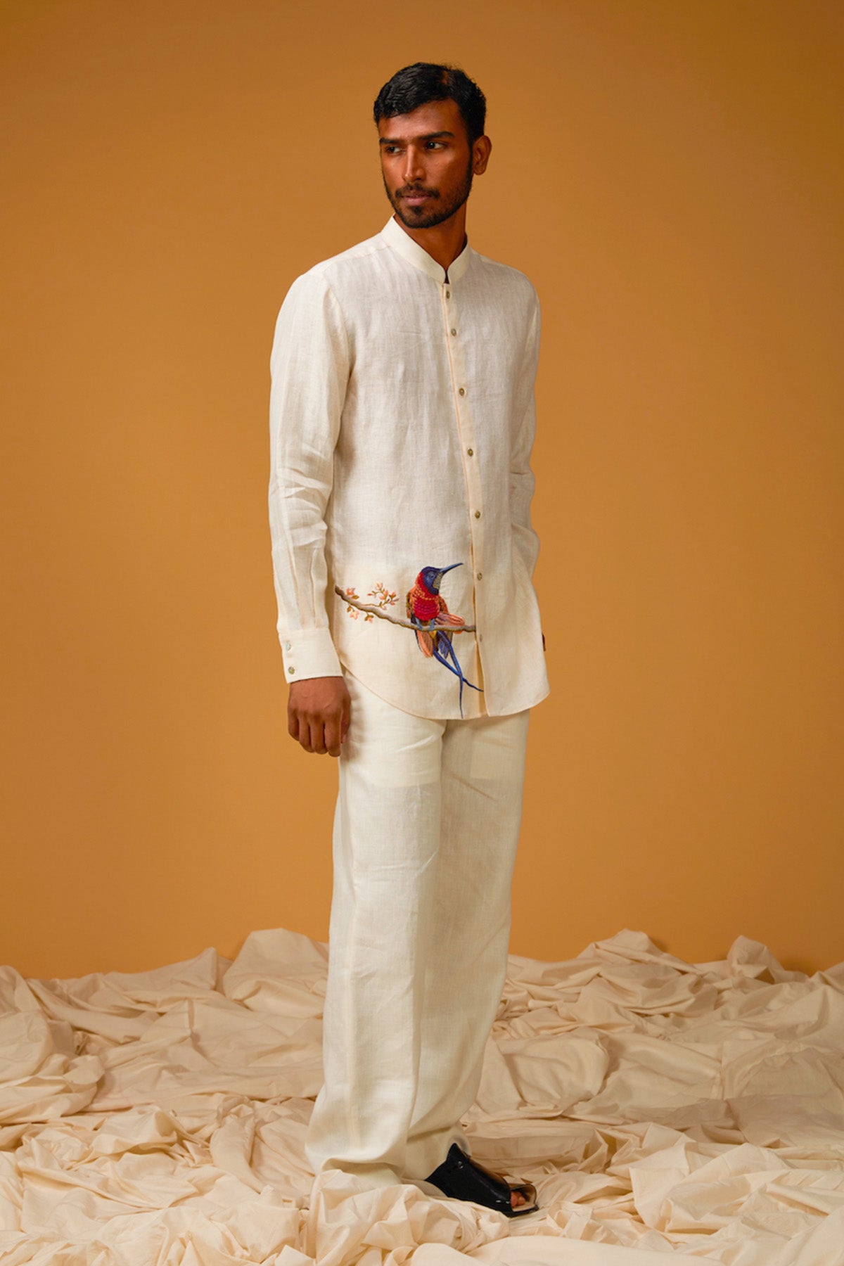 Men's Ivory Linen Shirt With Bird Embroidery