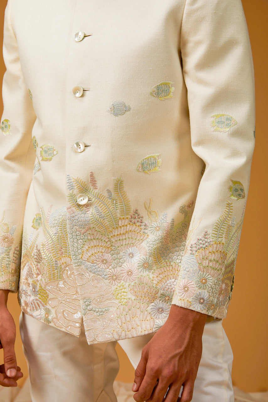 Embroidered Bandhgala in Ivory Matka Silk