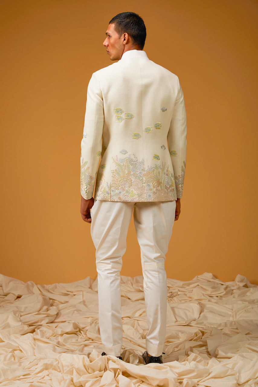 Embroidered Bandhgala in Ivory Matka Silk