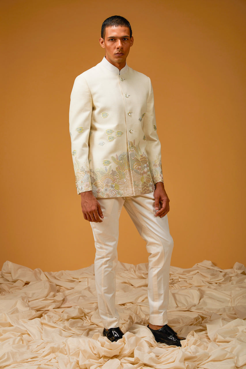 Embroidered Bandhgala in Ivory Matka Silk