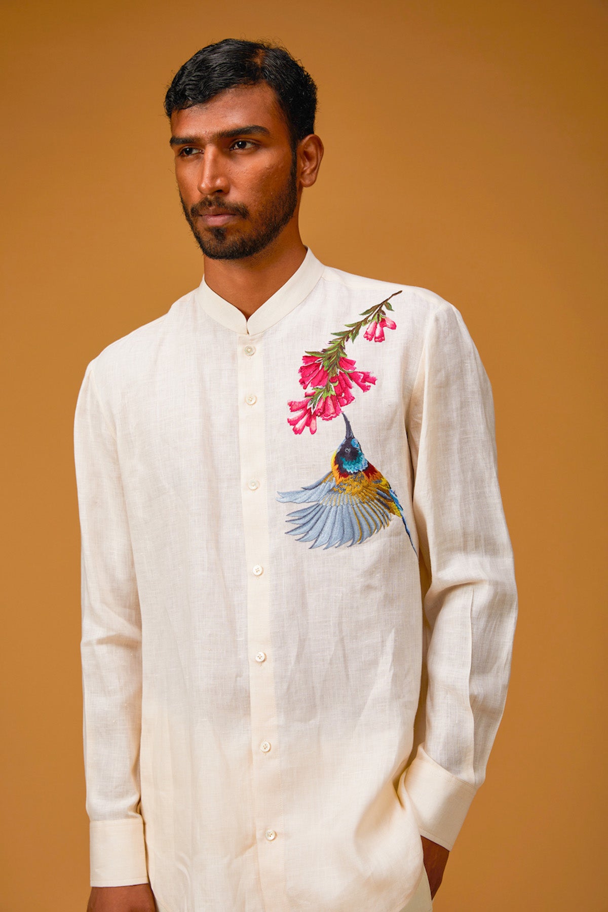 Men's Ivory Linen Shirt With Bird Embroidery