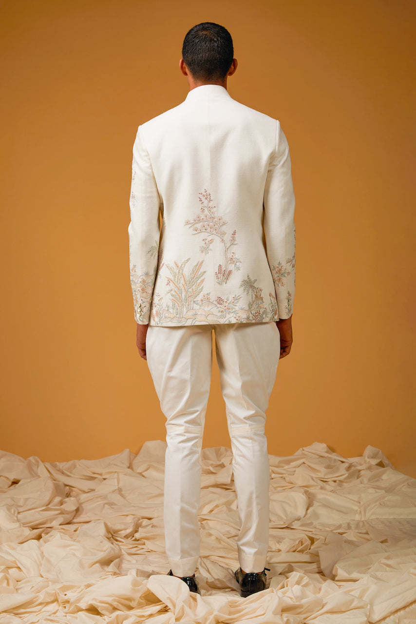 Ivory Matka Silk Embroidered Bandhgala