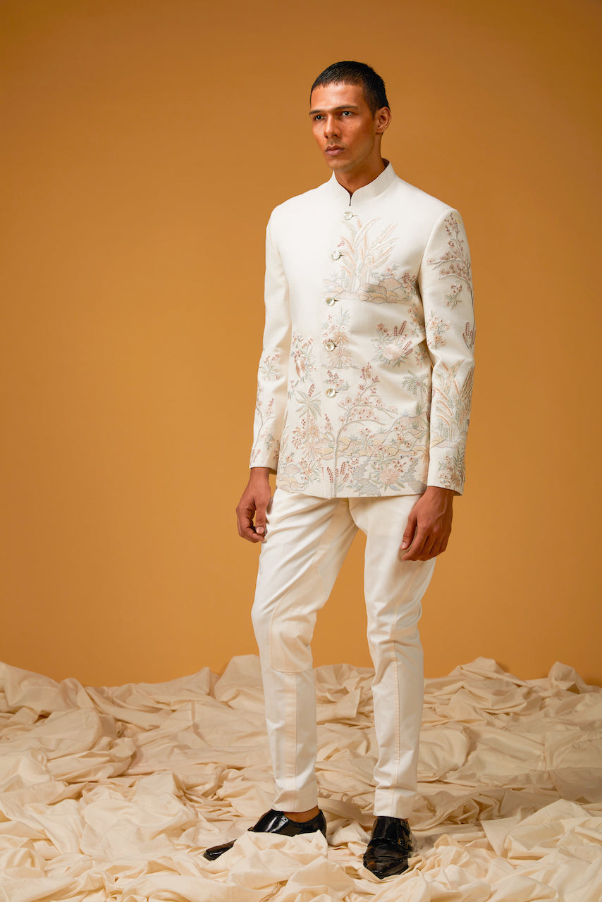 Ivory Matka Silk Embroidered Bandhgala